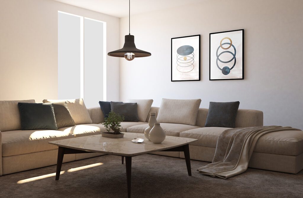 Interior design with photoframes couch